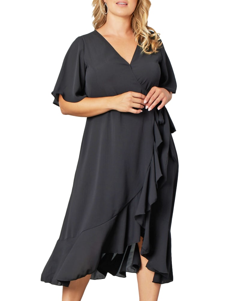 Front of a model wearing a size 5X Chloe Crepe Wrap Dress in BLACK NOIR by Kiyonna. | dia_product_style_image_id:268076